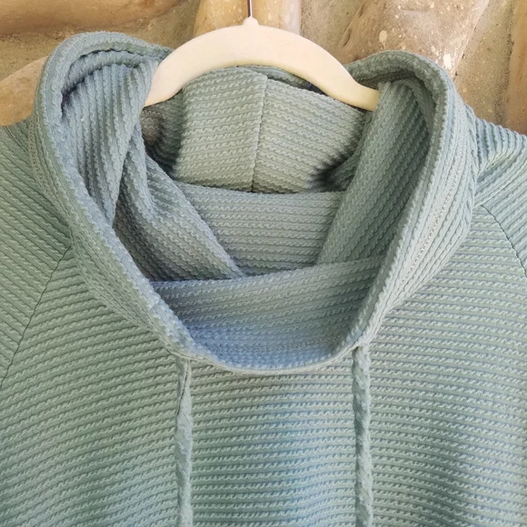 Pink Clover Teal Cowl Neck Women's Textured Long Sleeve Pullover Hoodie Sweater - Picture 4 of 10